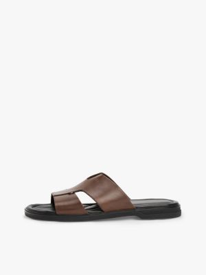 braun slipper-ledersandale mit cut-out am riemen für herren - tommy hilfiger