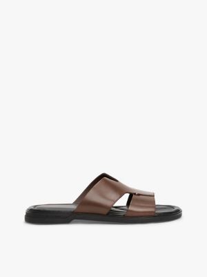 brown cutout strap leather slip-on sandals for men tommy hilfiger