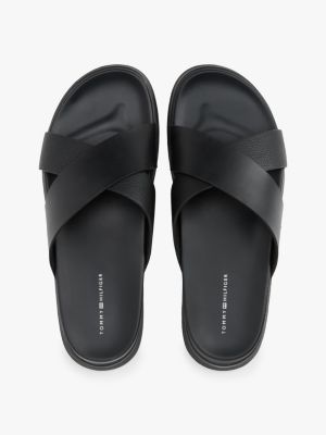 black crossover strap leather sandals for men tommy hilfiger