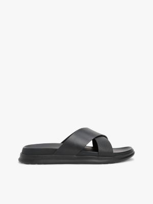 black crossover strap leather sandals for men tommy hilfiger