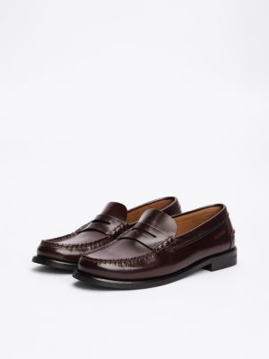 brown debossed logo patent leather loafers for men tommy hilfiger