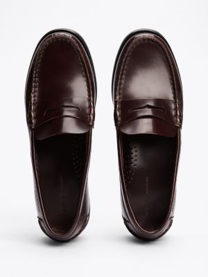 brown debossed logo patent leather loafers for men tommy hilfiger