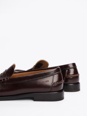 brown debossed logo patent leather loafers for men tommy hilfiger