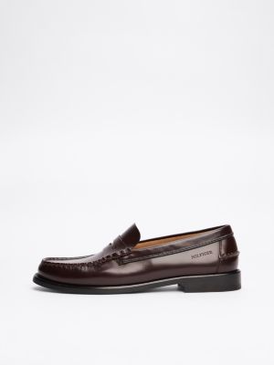 brown debossed logo patent leather loafers for men tommy hilfiger