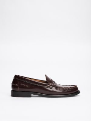 brown debossed logo patent leather loafers for men tommy hilfiger