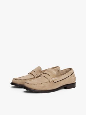 beige embossed logo suede loafers for men tommy hilfiger