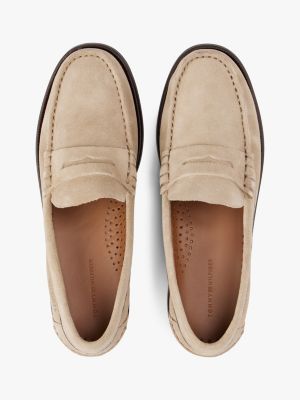 beige embossed logo suede loafers for men tommy hilfiger