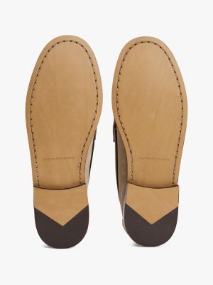 beige embossed logo suede loafers for men tommy hilfiger