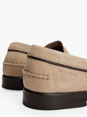 beige embossed logo suede loafers for men tommy hilfiger