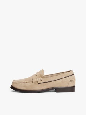 beige embossed logo suede loafers for men tommy hilfiger