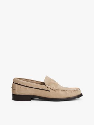 beige embossed logo suede loafers for men tommy hilfiger