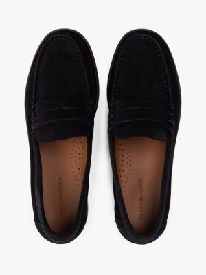 blue embossed logo suede loafers for men tommy hilfiger