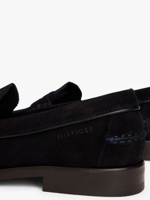 blue embossed logo suede loafers for men tommy hilfiger