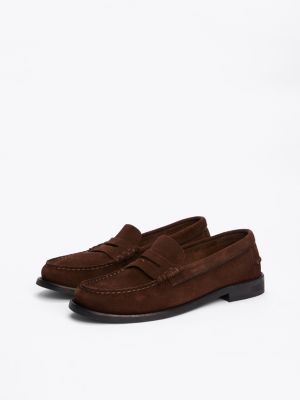 brown embossed logo suede loafers for men tommy hilfiger