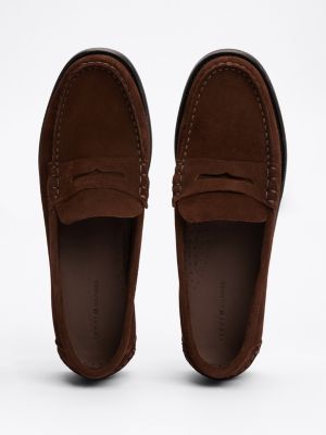 brown embossed logo suede loafers for men tommy hilfiger