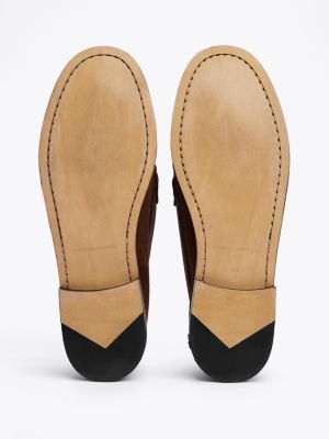 brown embossed logo suede loafers for men tommy hilfiger