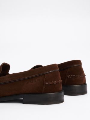 brown embossed logo suede loafers for men tommy hilfiger