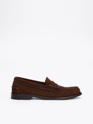 brown embossed logo suede loafers for men tommy hilfiger