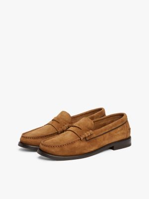 brown embossed logo suede loafers for men tommy hilfiger