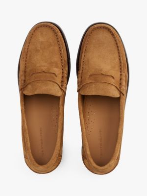 brown embossed logo suede loafers for men tommy hilfiger