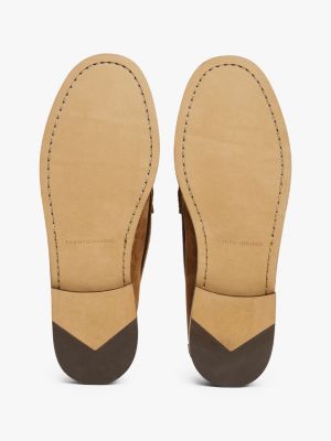 brown embossed logo suede loafers for men tommy hilfiger