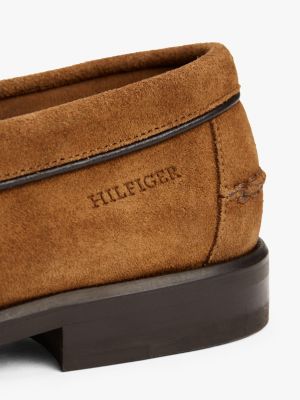 brown embossed logo suede loafers for men tommy hilfiger