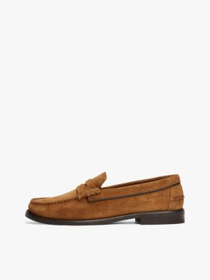 brown embossed logo suede loafers for men tommy hilfiger