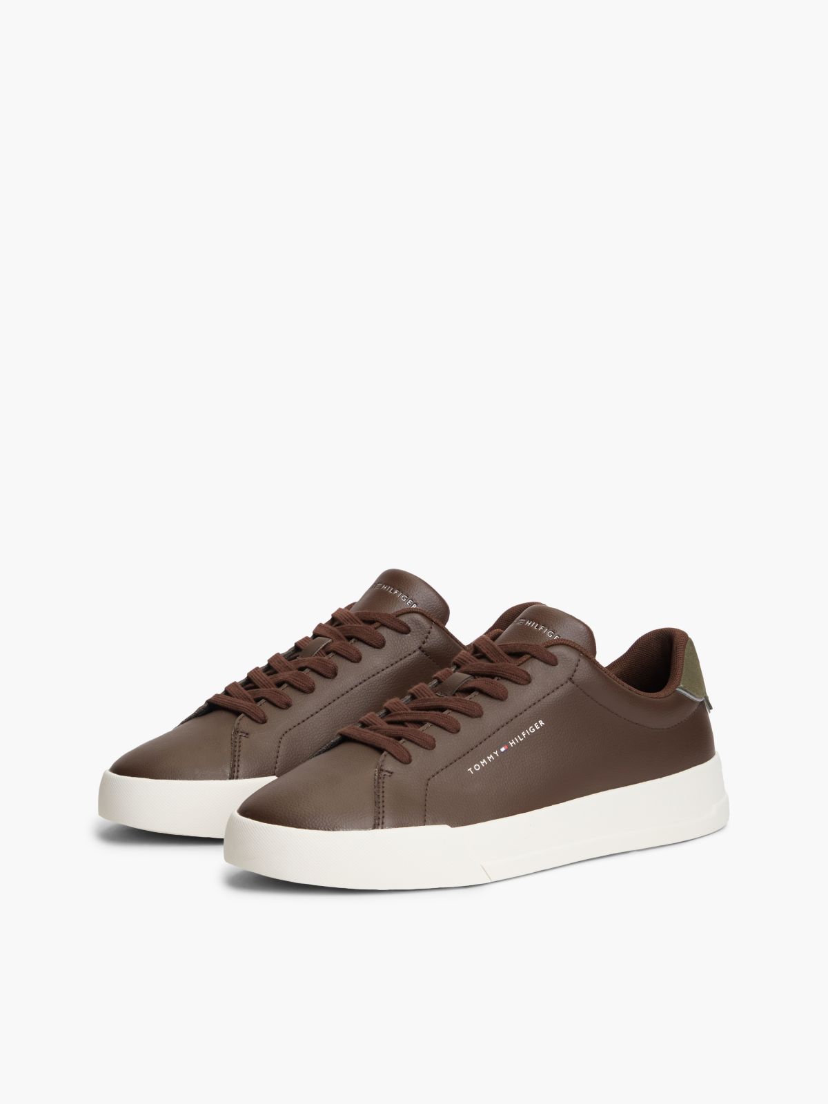 Contrast Heel Court Trainers With Leather — Brown
