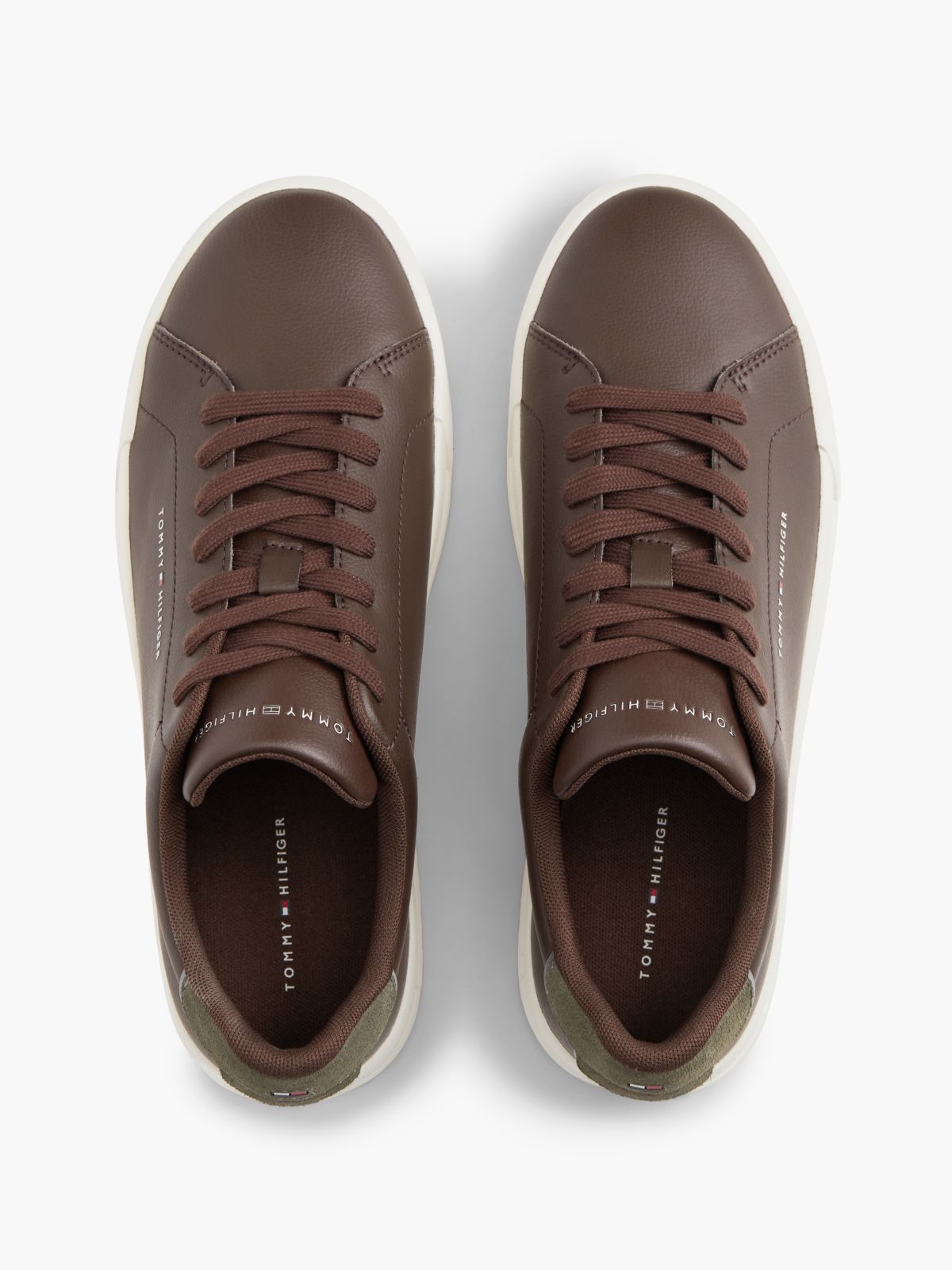 Contrast Heel Court Trainers With Leather — Brown