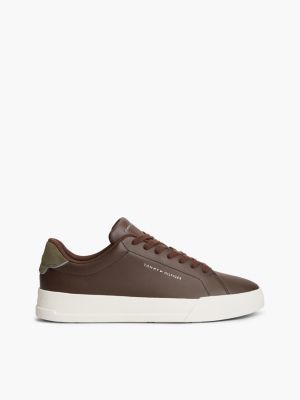 brown logo court trainers with leather for men tommy hilfiger
