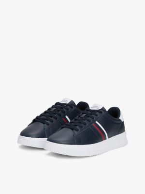 blue leather debossed logo trainers for men tommy hilfiger