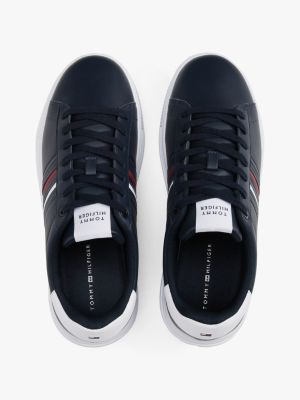 blue leather debossed logo trainers for men tommy hilfiger