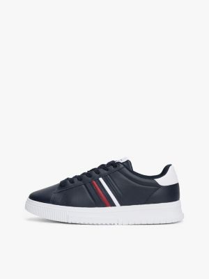 blue leather debossed logo trainers for men tommy hilfiger