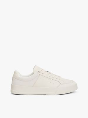 beige debossed logo court trainers for men tommy hilfiger