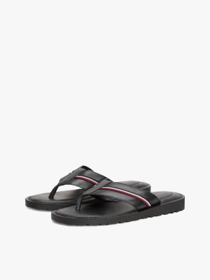 black leather signature tape flip-flops for men tommy hilfiger