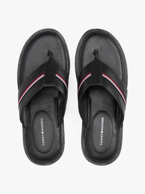 black leather signature tape flip-flops for men tommy hilfiger