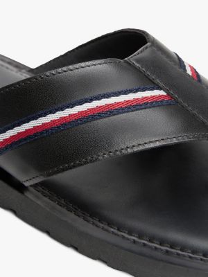 black leather signature tape flip-flops for men tommy hilfiger