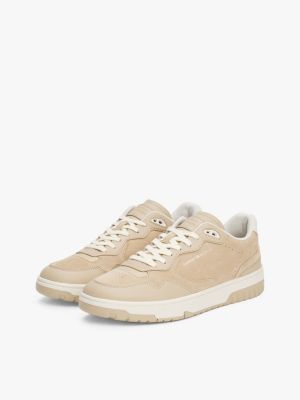 beige leather mixed texture basketball trainers for men tommy hilfiger