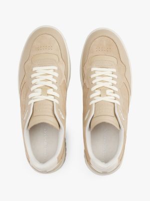 beige leather mixed texture basketball trainers for men tommy hilfiger