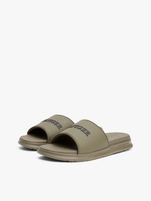 khaki textured logo pool slides for men tommy hilfiger