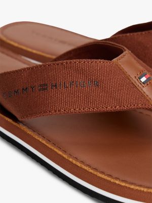 brown logo canvas strap flip-flops for men tommy hilfiger