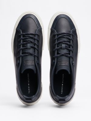 blue leather serrated trainers for men tommy hilfiger