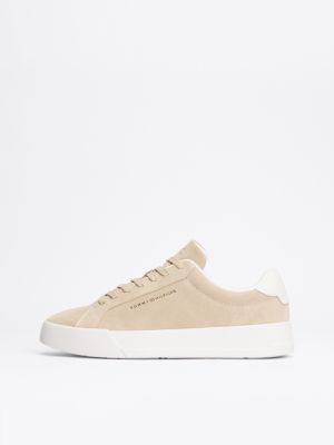 beige suède court sneaker met plateauzool voor heren - tommy hilfiger