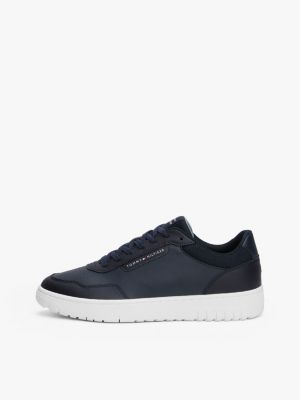 blue leather mixed texture trainers for men tommy hilfiger