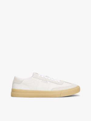 beige suede contrast cupsole trainers for men tommy hilfiger