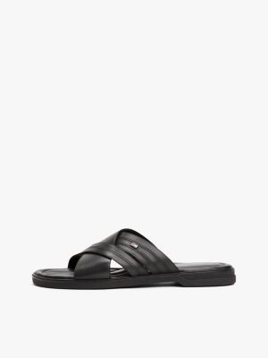 black leather slip-on sandals for men tommy hilfiger