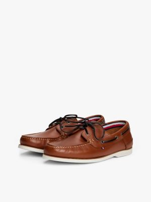 brown leather lace-up boat shoes for men tommy hilfiger