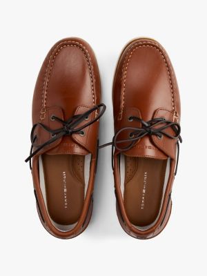 brown leather lace-up boat shoes for men tommy hilfiger