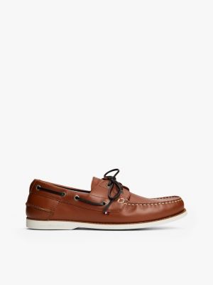 scarpe da barca stringate in pelle brown da uomini tommy hilfiger