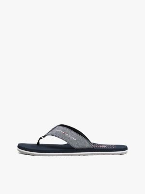 blue linen chambray logo flip-flops for men tommy hilfiger